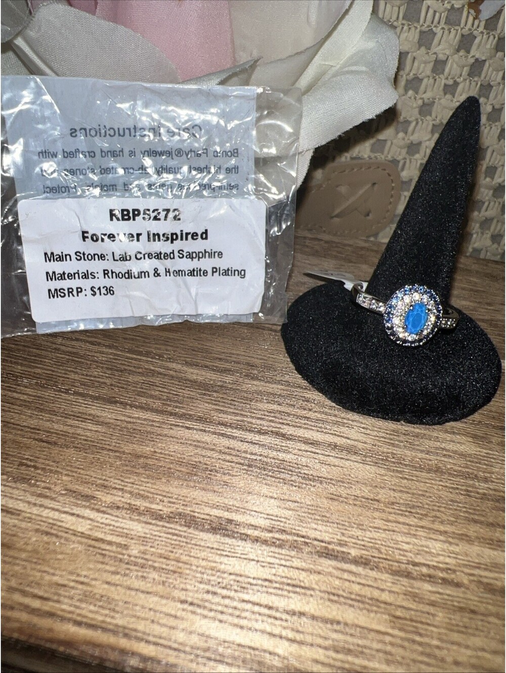 Bomb Party Forever Inspired Sz 9 Ring.  Lab Created Sapphire. Rhodium & Hematite